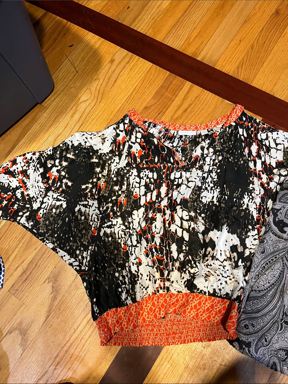 Women's Abstract Print Batwing Top in Orange, Black & White 2 blouses
